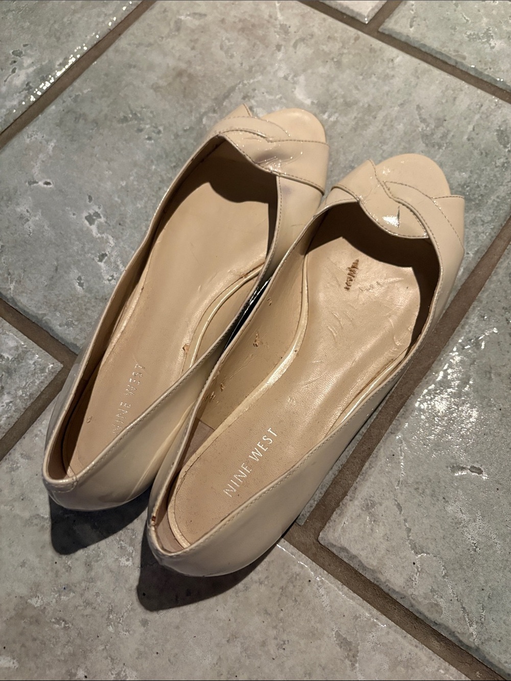 Nine West Nude Patent Leather Peep-Toe Flats